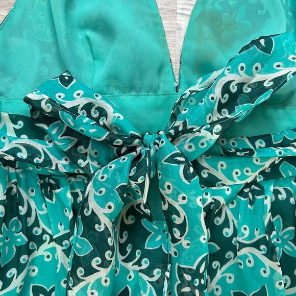 Vintage Milly NY Silk Halter Mini Dress Teal Floral Y2K Party Backless Size 2 - Picture 9 of 12